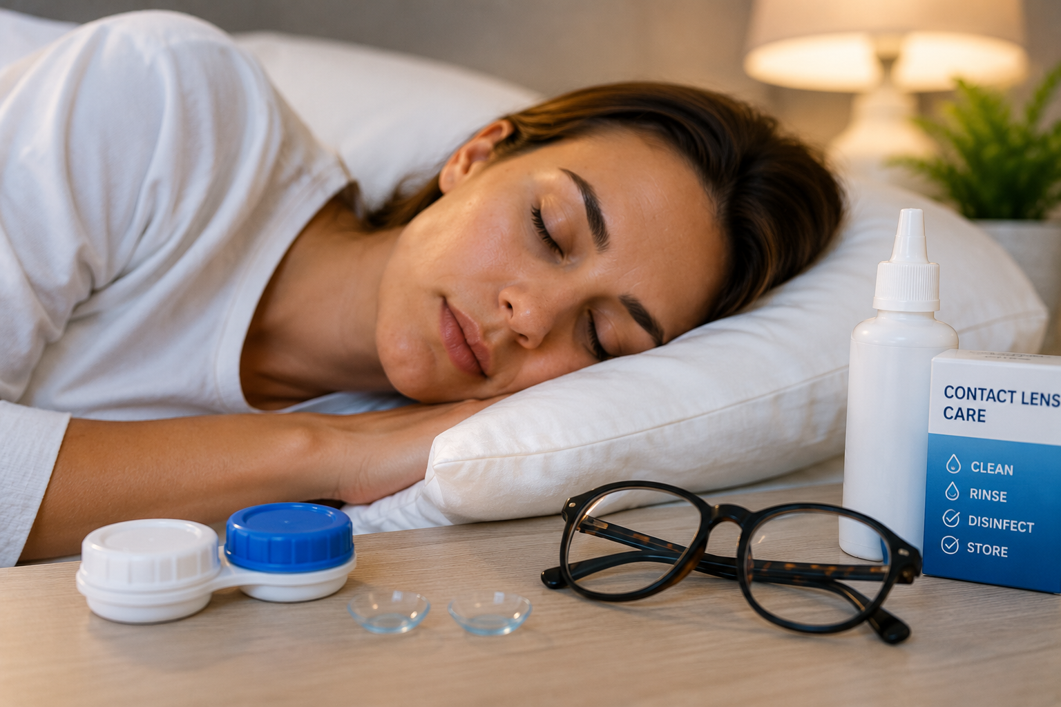 Person sleeping beside contact lens case, glasses, and eye drops on a bedside table.