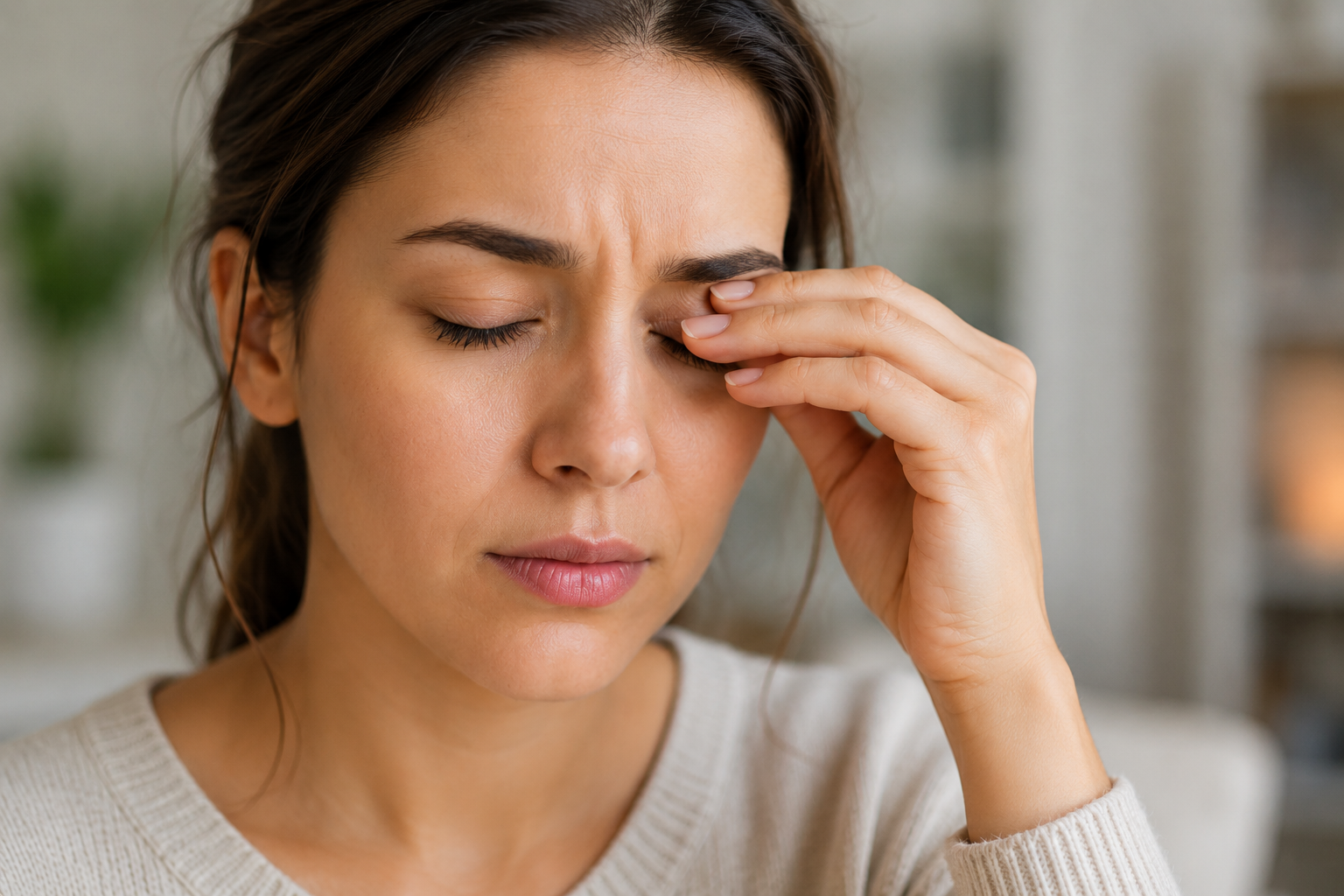 Person touching the bridge of their nose, looking uncomfortable indoors.