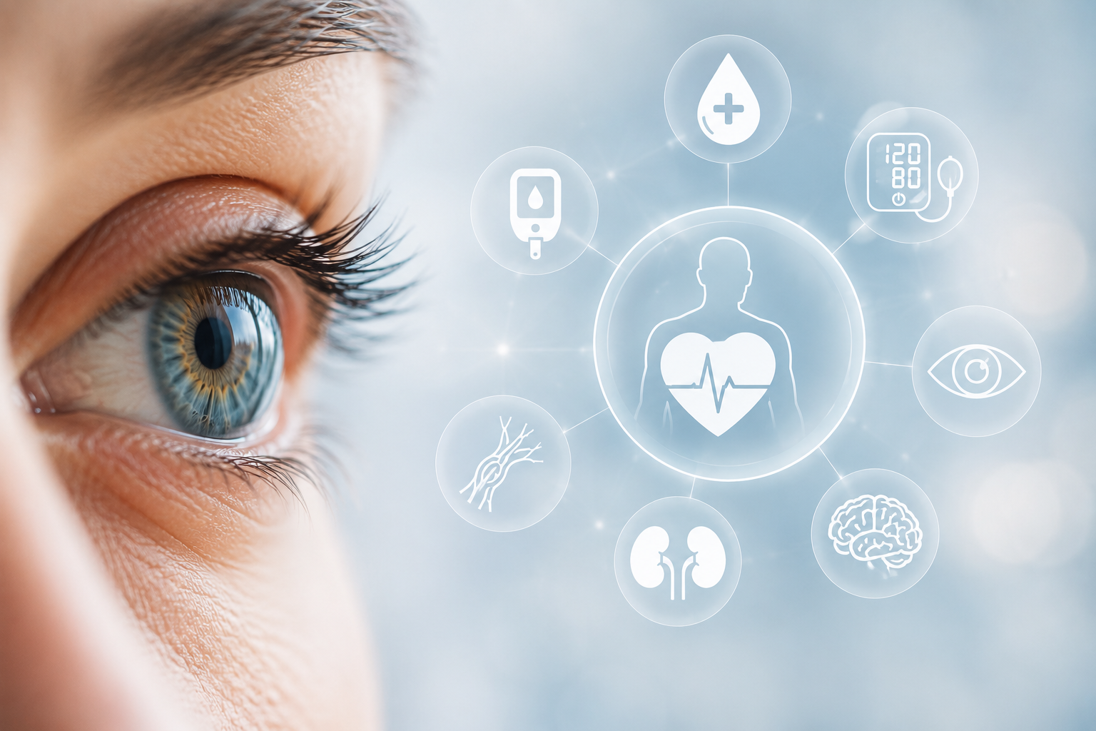 Close-up of a blue eye with glowing medical icons and a heart symbol in a digital health interface