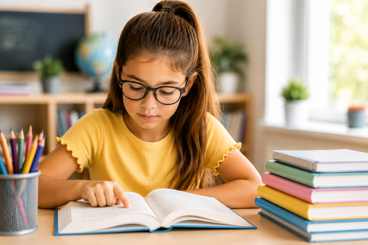 Student reading an open book at a desk beside a stack of colorful books and pencils