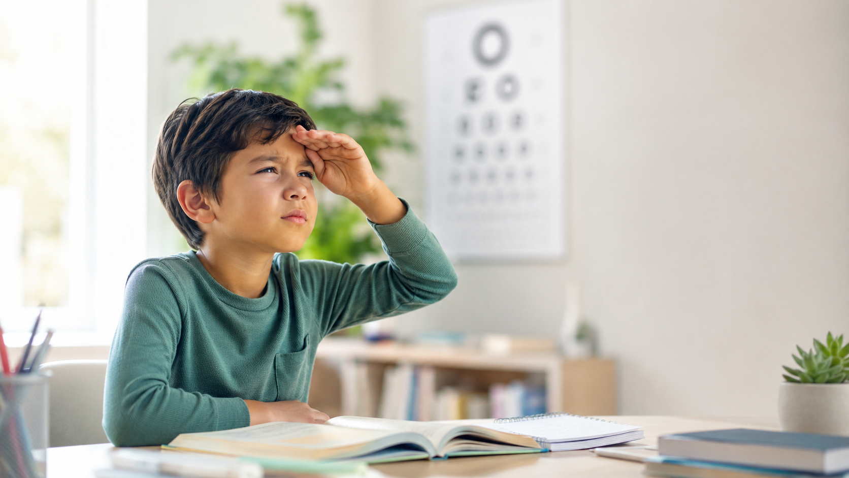 Child in green sweater studying at a desk, squinting to see  the board with an open book on the desk