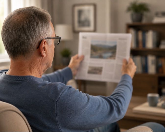 Man in blue sweater reading a newspaper in a cozy living room