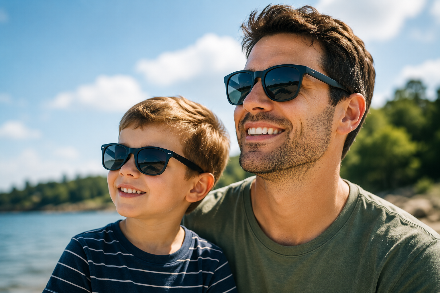 Two people wearing sunglasses smile on a boat with water and a blue sky behind them