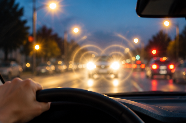 Driver's view of a rainy city street at dusk with headlights glowing and a hand on the steering wheel