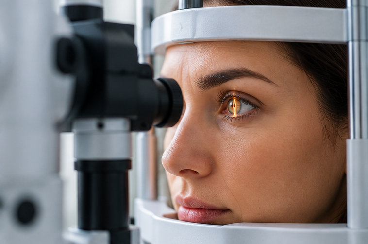 Woman using a slit lamp eye exam machine in a medical clinic, close-up on her face and eye