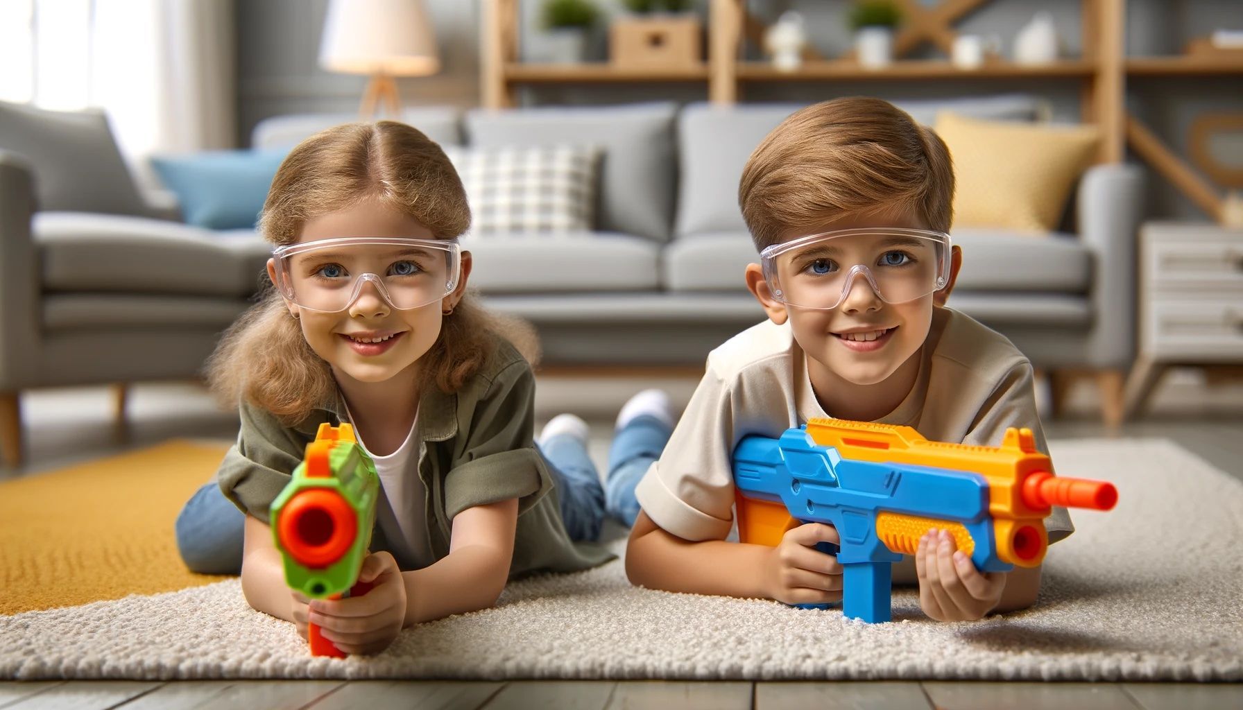 a young boy and girl playing with toy guns