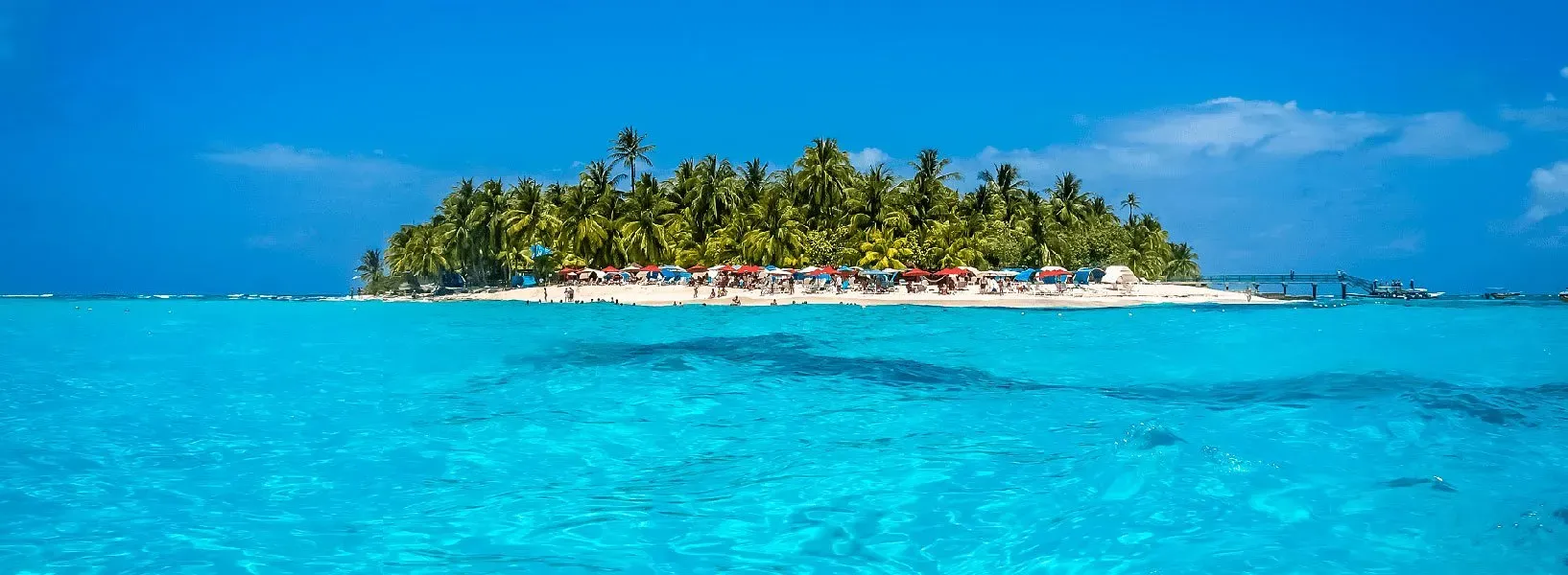 A small island with palm trees in the middle of the ocean.