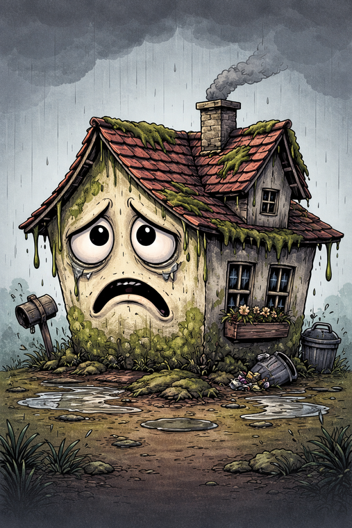 Sad cartoon house, overgrown and weathered, with a gloomy expression, under rain.