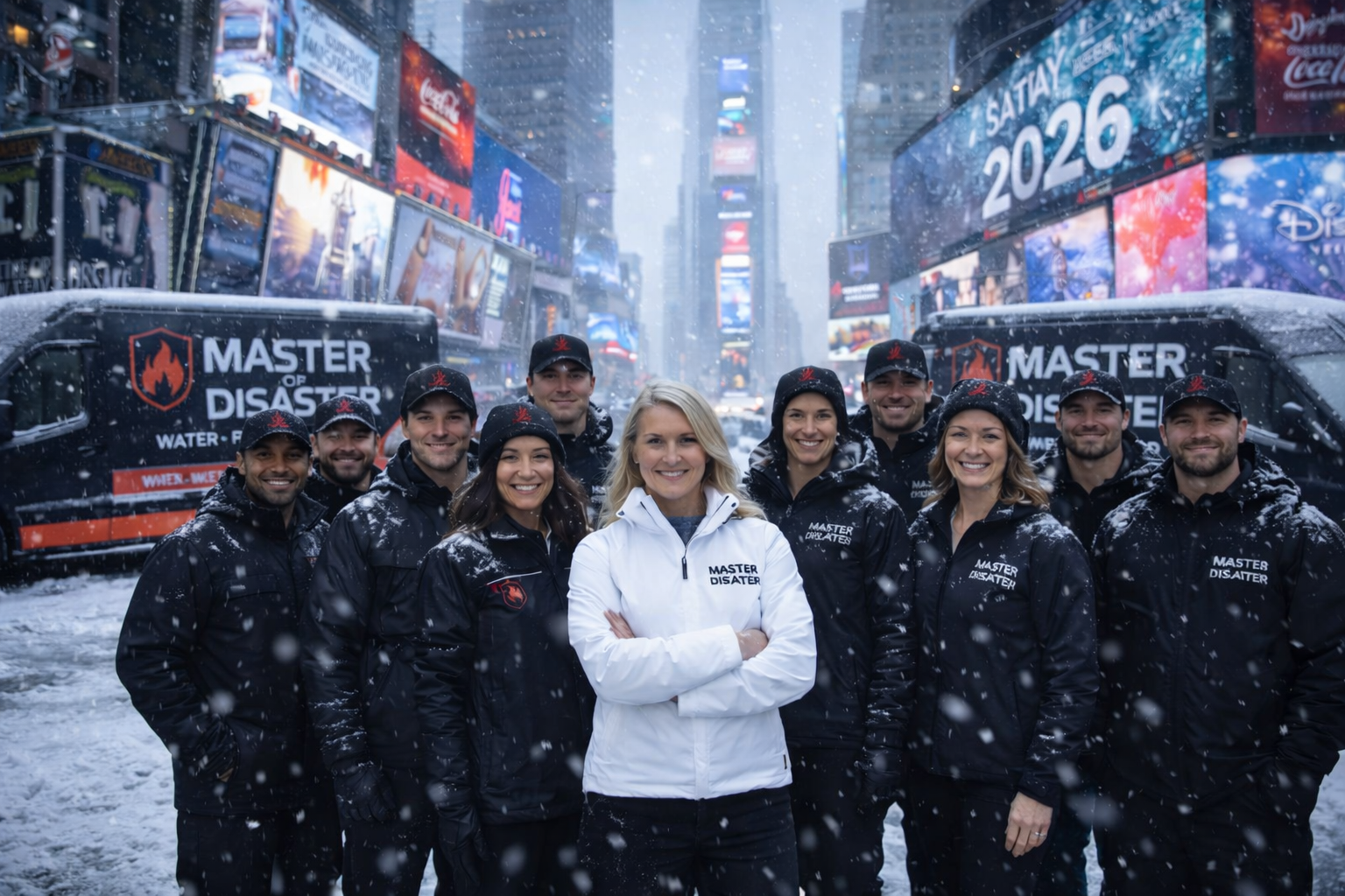 A group of people wearing matching jackets stands in Times Square during a snowstorm, with vans in the background.