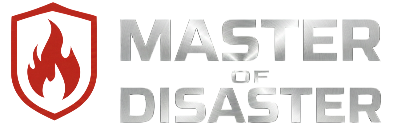 Logo with a shield containing a flame, and the words "MASTER OF DISASTER" in silver.