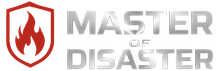 Logo with a shield containing a flame, and the words "MASTER OF DISASTER" in silver.