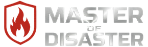 Logo with a shield containing a flame, and the words "MASTER OF DISASTER" in silver.