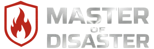 Logo with a shield containing a flame, and the words "MASTER OF DISASTER" in silver.