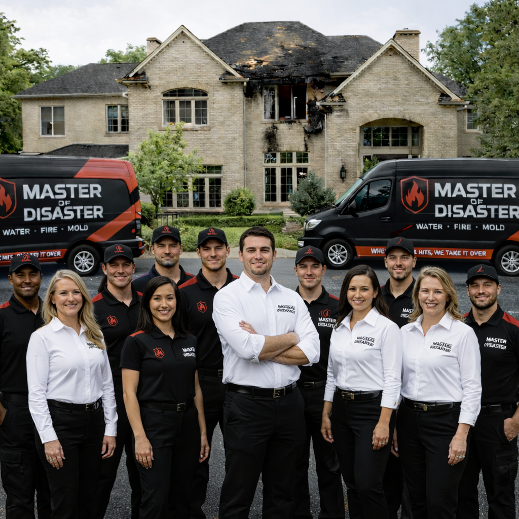 Master of Disaster team in front of a house damaged by fire, with branded vans.
