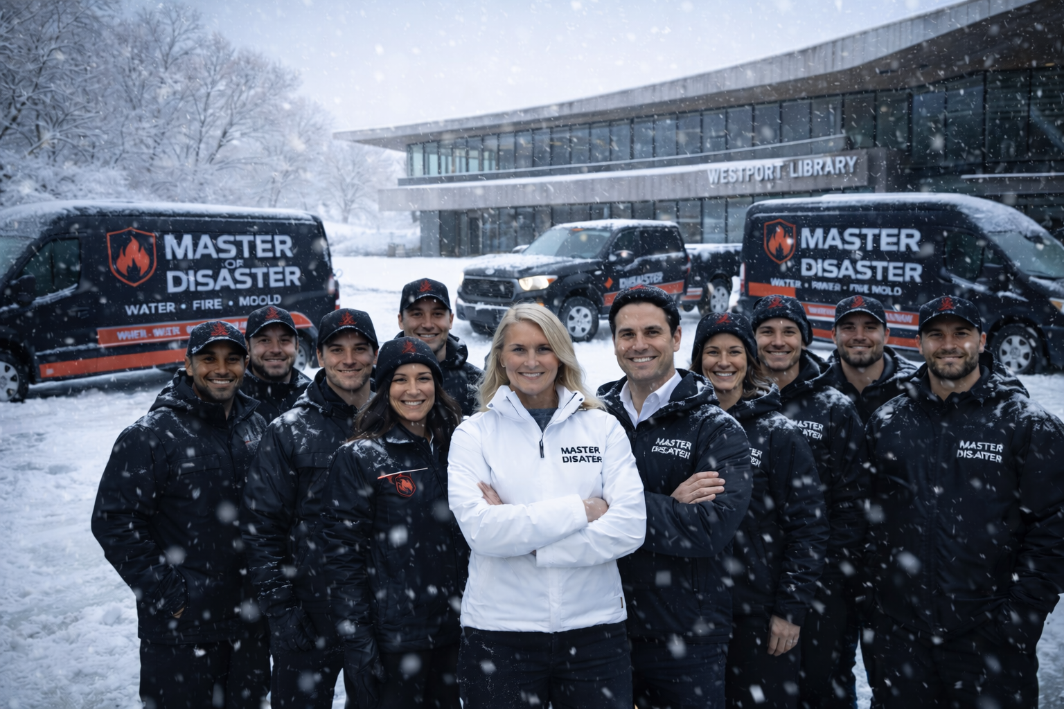 Master Disaster team in front of a building during a snowfall. Group wearing jackets, vehicles with logos visible.