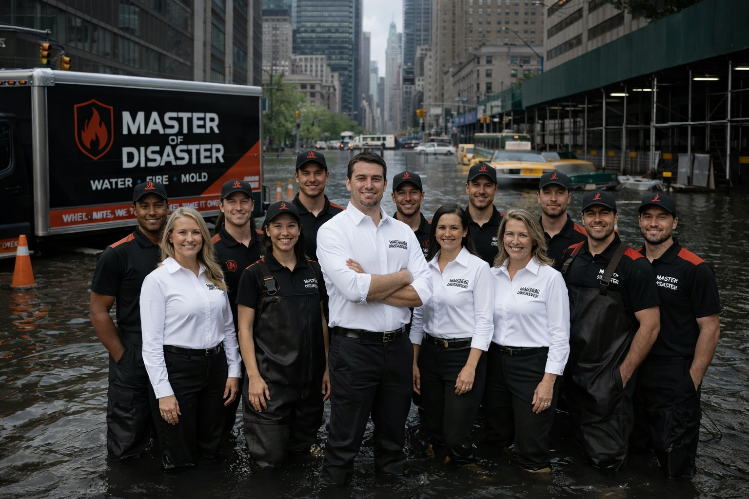 Team in flood water in city street, standing by Master of Disaster truck.