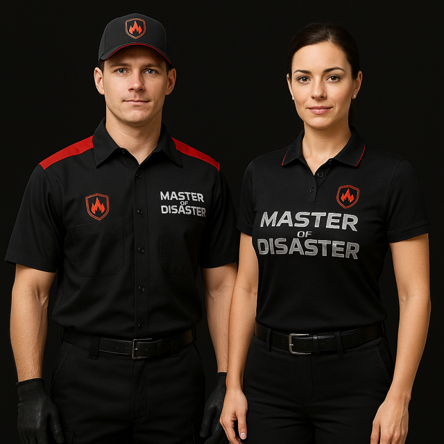 Two people wearing black uniforms with the words 