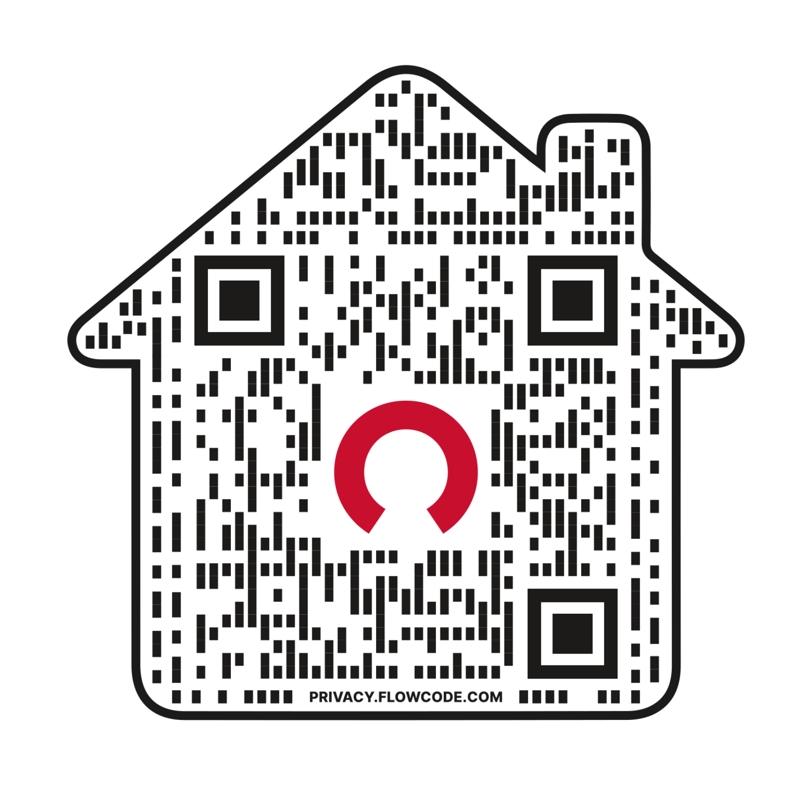 A qr code in the shape of a house with a red circle in the middle.