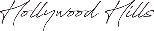 The word hollywood hills is written in black ink on a white background.
