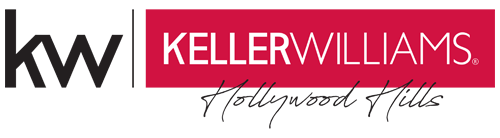 The logo for keller williams hollywood hills is red and black.