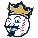Cartoon baseball logo of a winking, mustached face wearing a gold crown