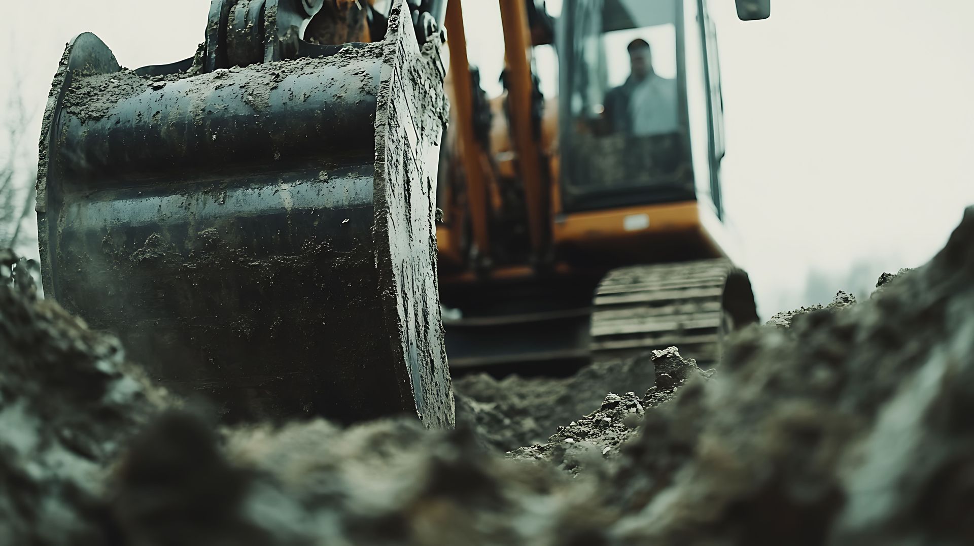 Closeup to an excavator bucket with the rest of the machine blurred in the background. Closeup to an excavator bucket with the rest of the machine blurred in the background.