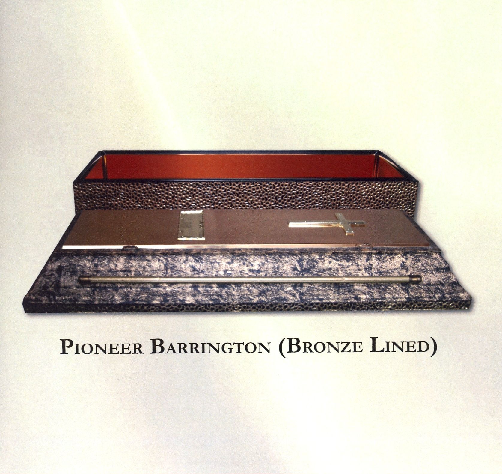 Pioneer Barrington bronze-lined rectangular box with open lid, shown on a white background