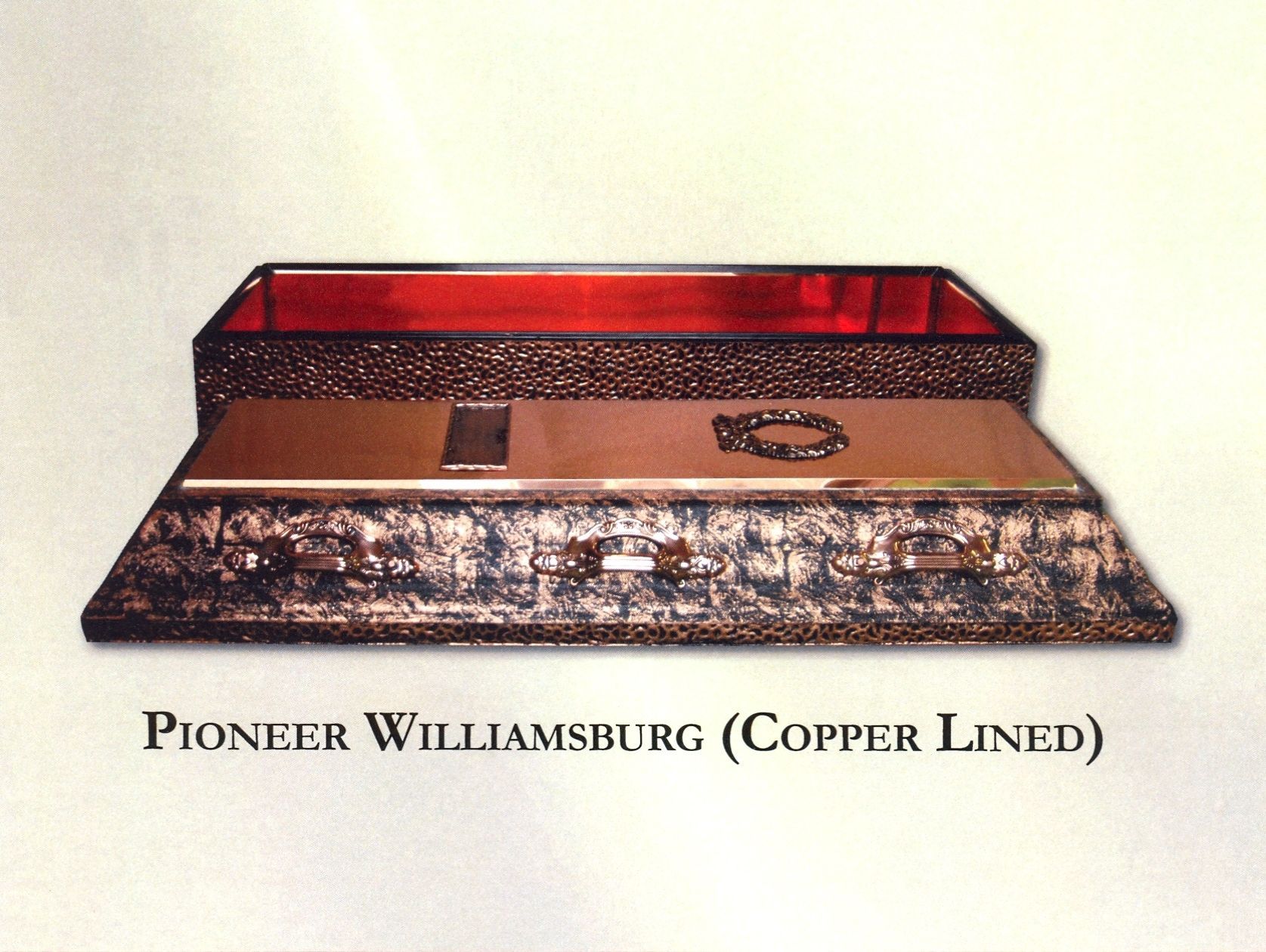 Pioneer Williamsburg copper-lined box with red interior and patterned exterior, shown open on a light background
