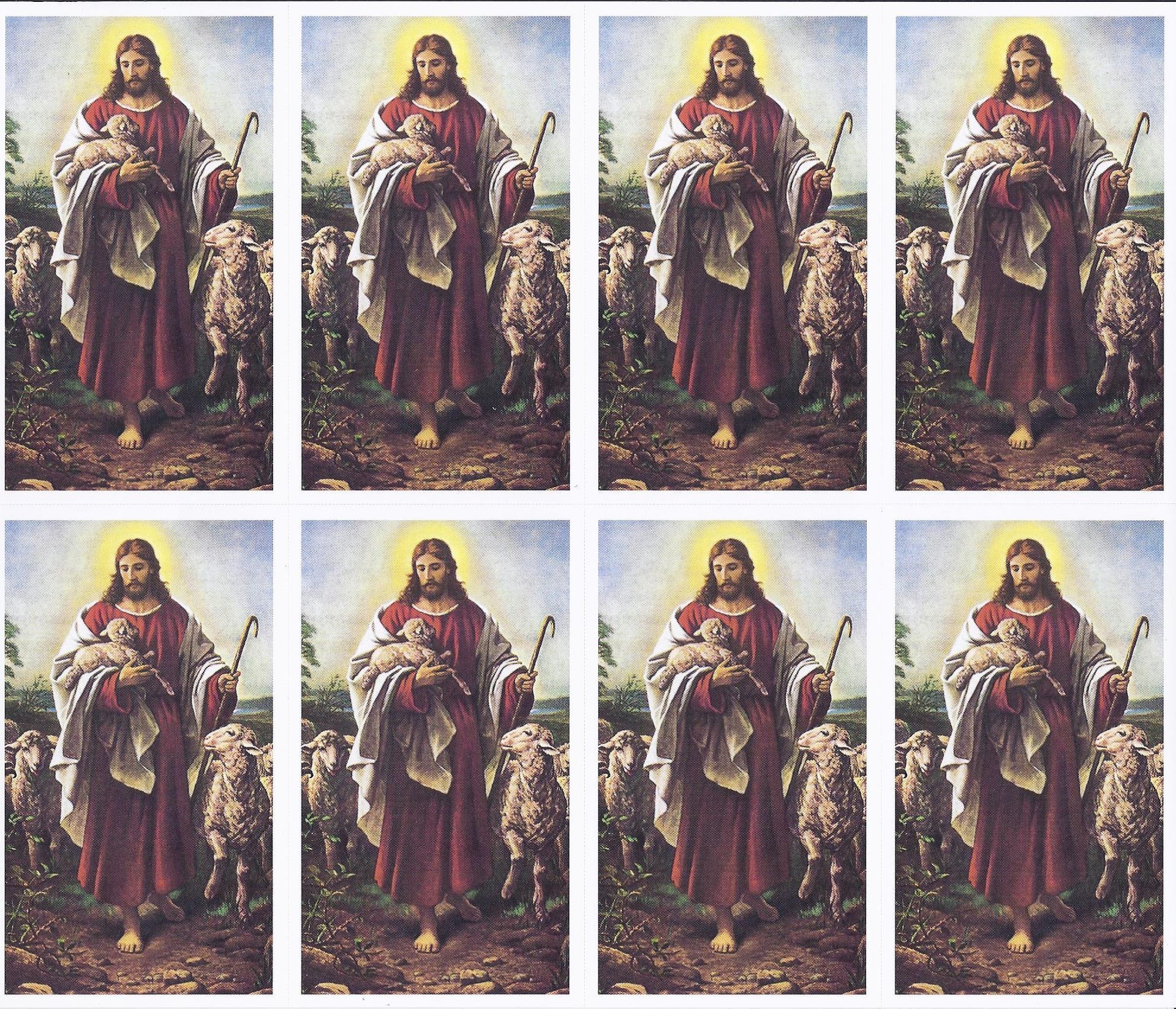 Eight identical vintage-style religious paintings arranged in two rows of four.
