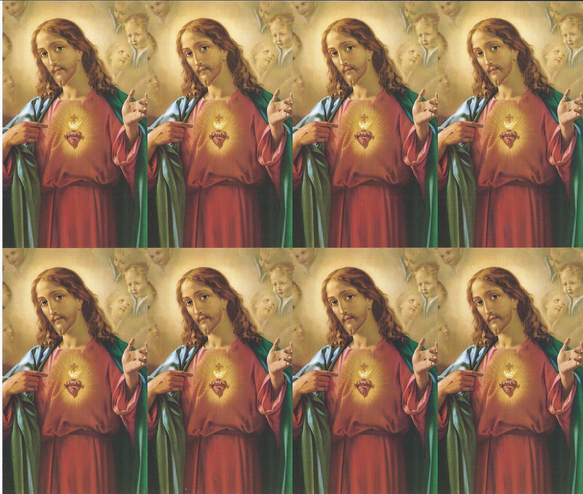 Repeated icons of a haloed saint in red and green robes on a beige background.