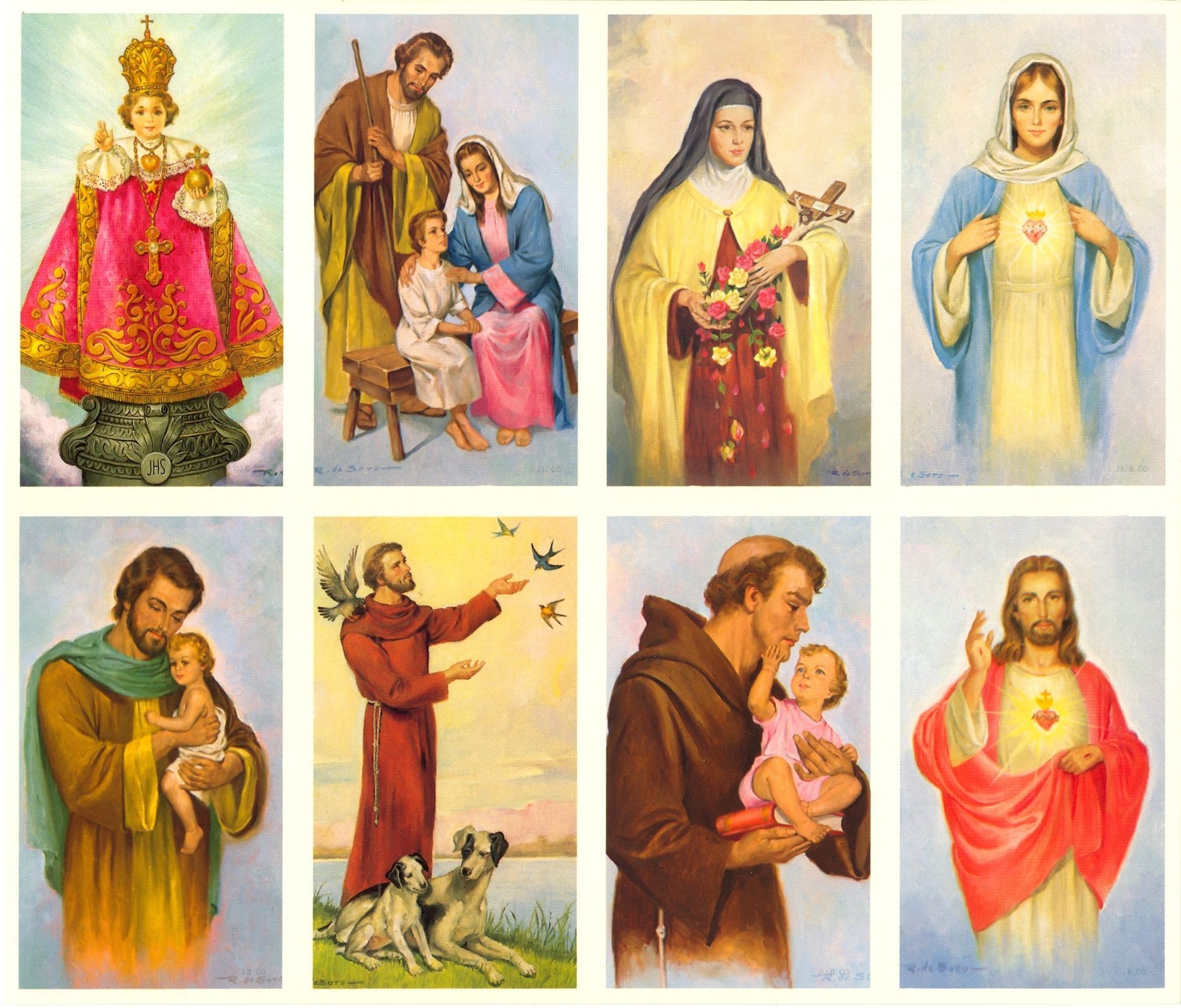 Collage of Catholic devotional paintings of saints and holy figures in robes, including the Virgin Mary, Jesus, and children