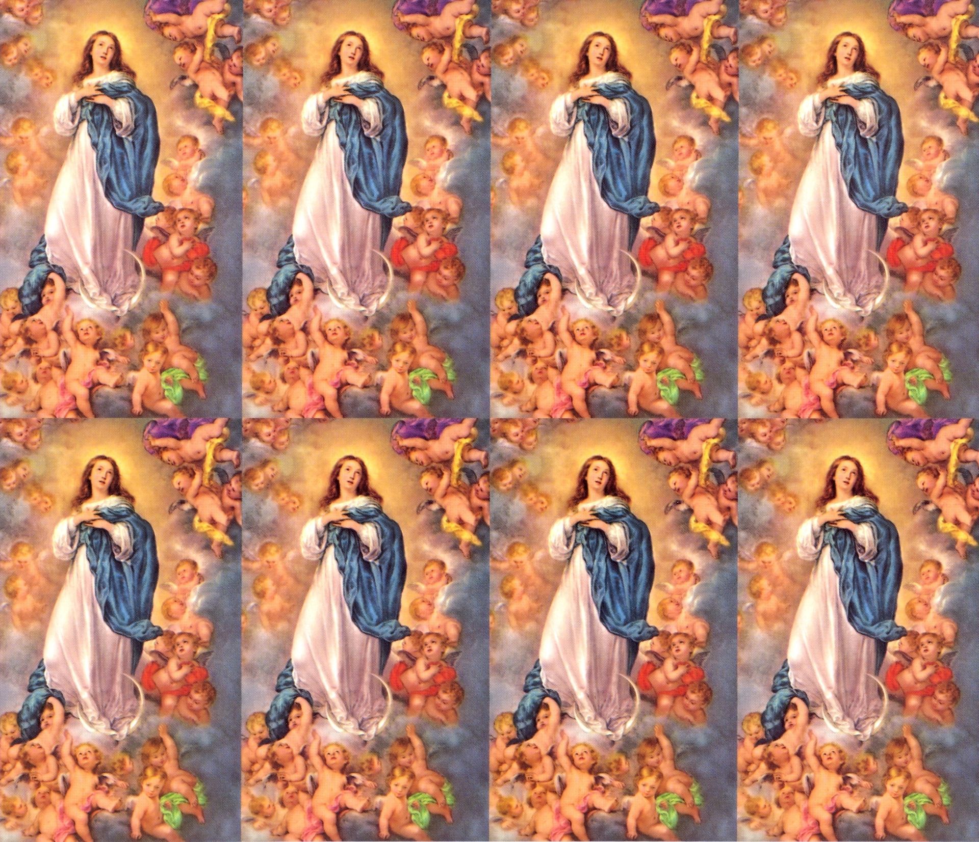 Repeated religious icon of Mary in blue and white robes, surrounded by angels in warm orange tones.