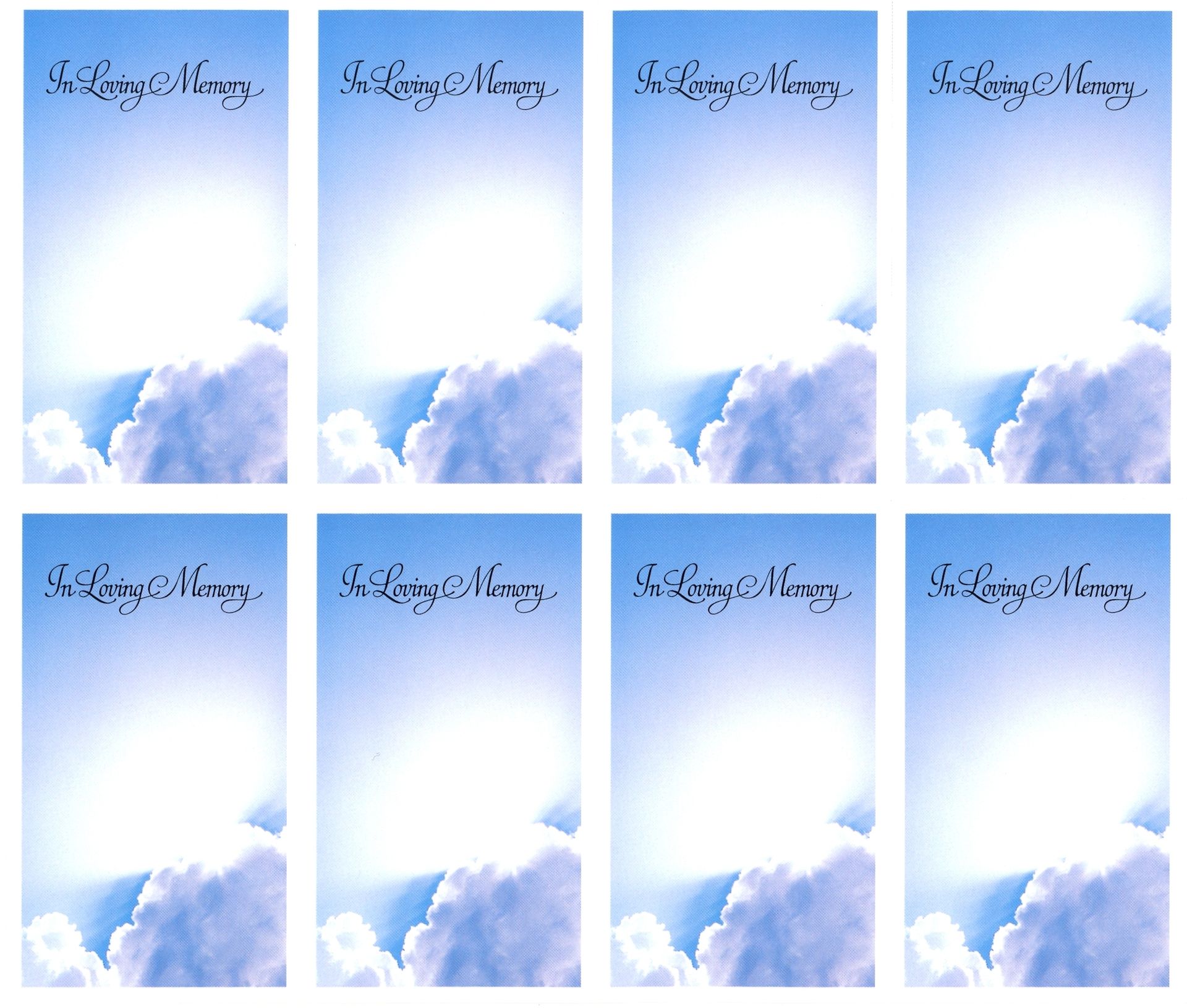 Eight pastel-blue sky-themed invitation cards arranged in a 2x4 grid, with clouds and cursive text.