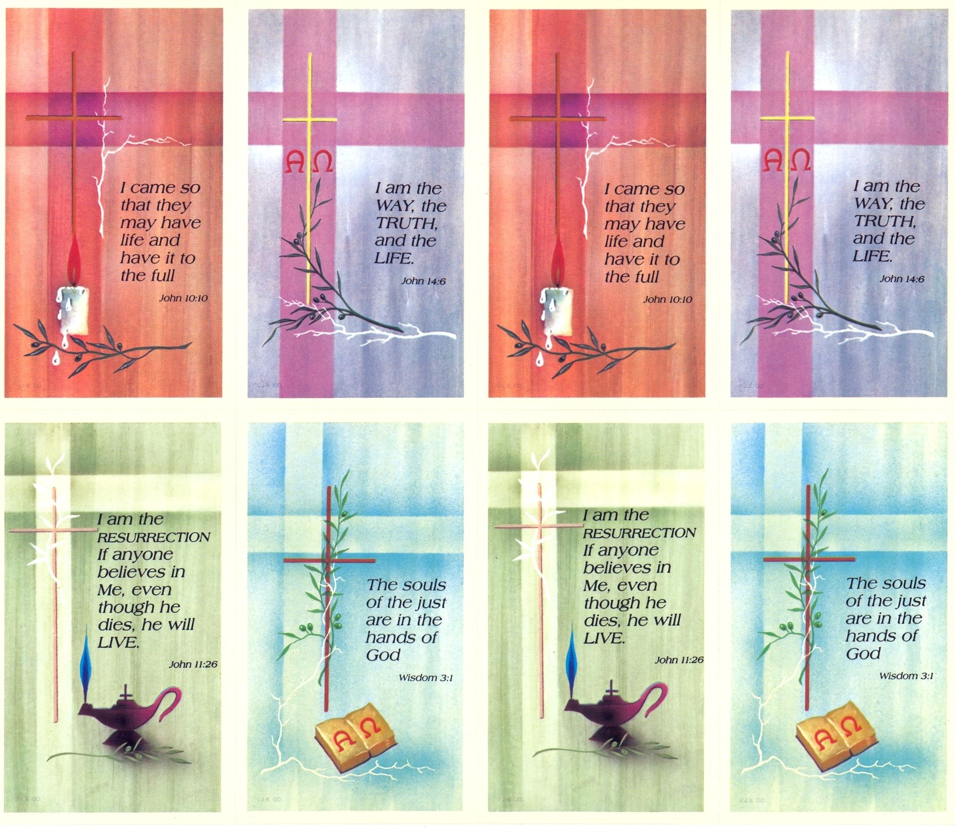 Eight colorful Christian bookmark designs with Bible verses and small cross, heart, and book illustrations.