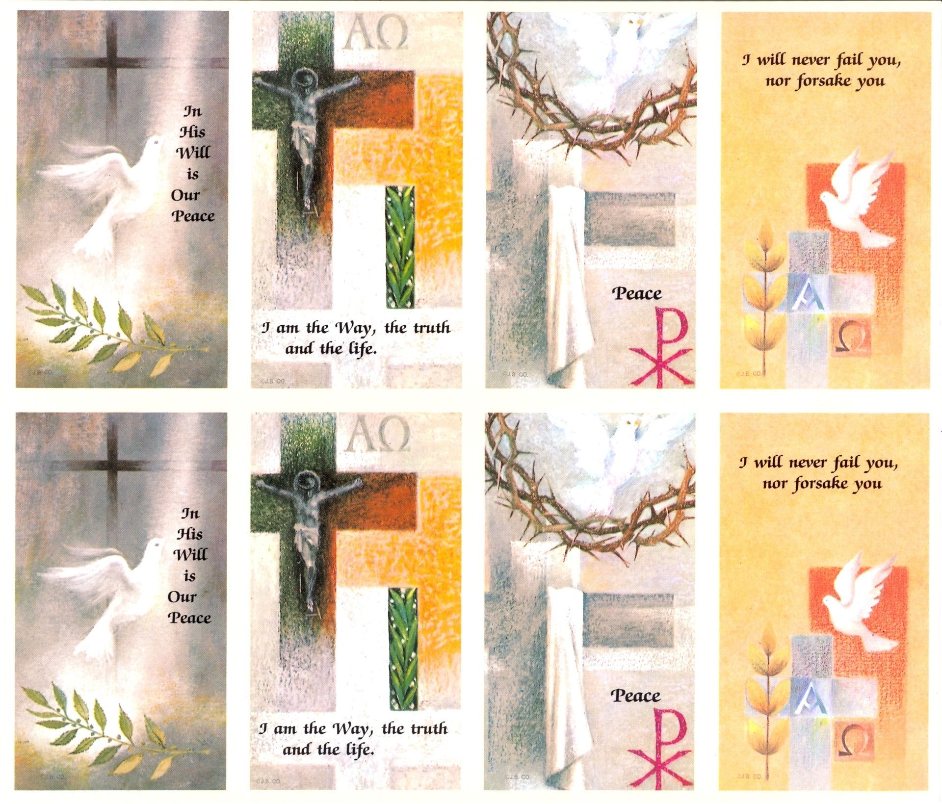 Four religious-themed cards: crosses, dove, wheat, and church symbols in soft pastel colors.