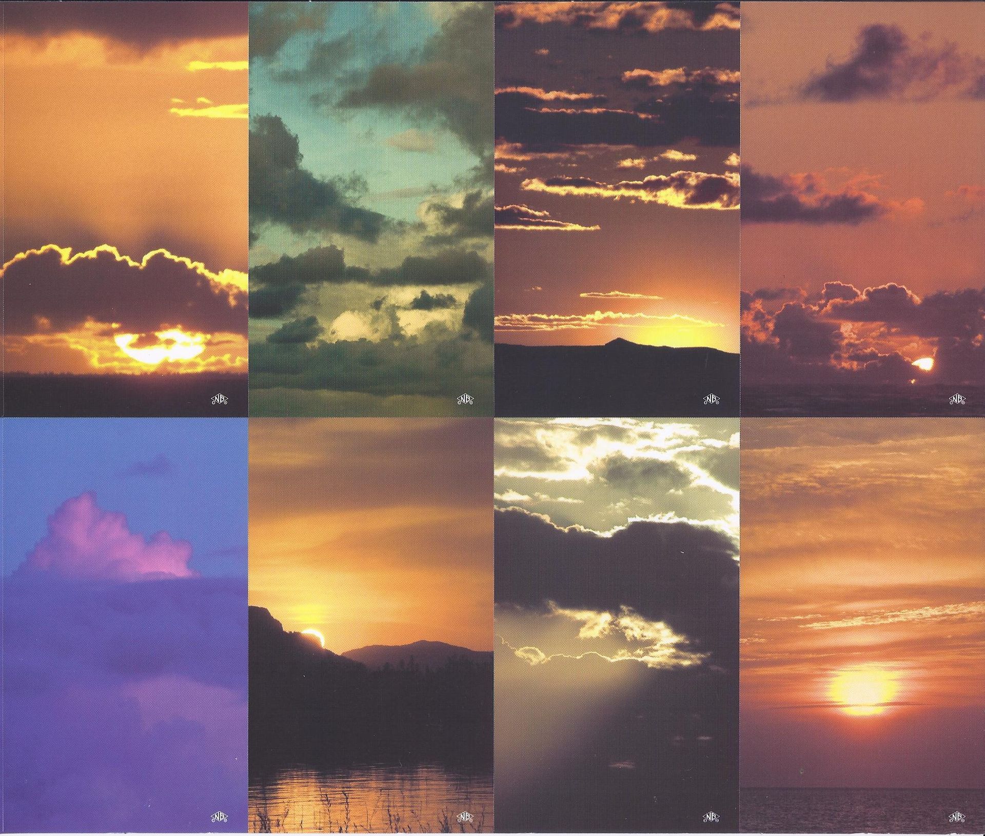 Collage of eight sunset skies with clouds in purple, orange, gold, and pink tones