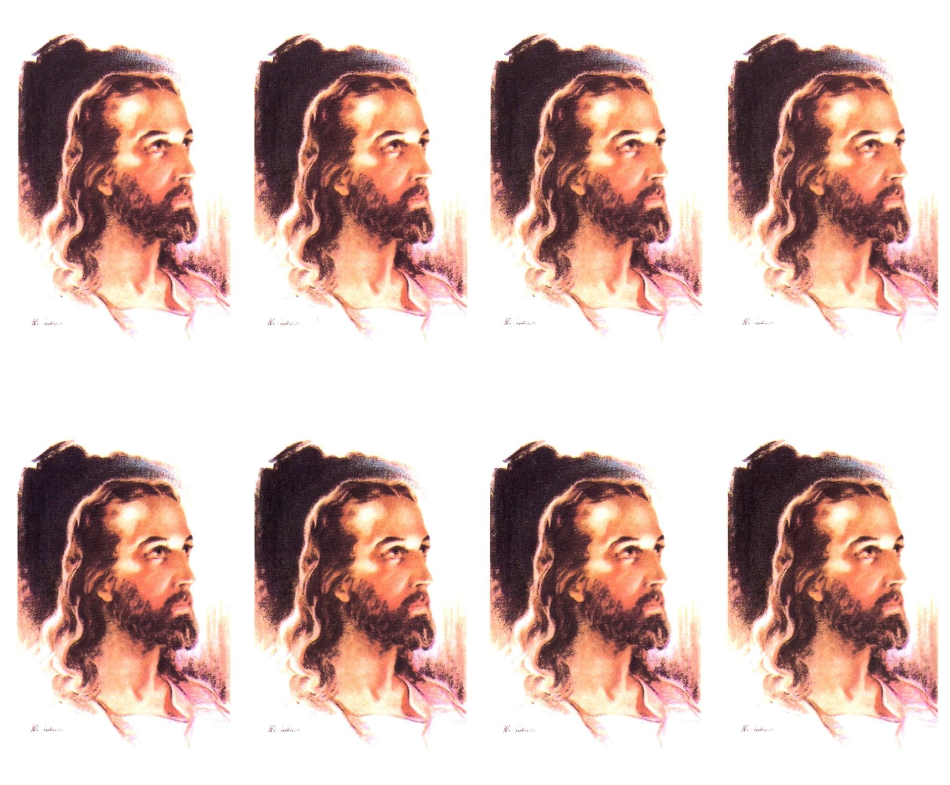 Eight repeated portraits of a bearded man in profile on a white background