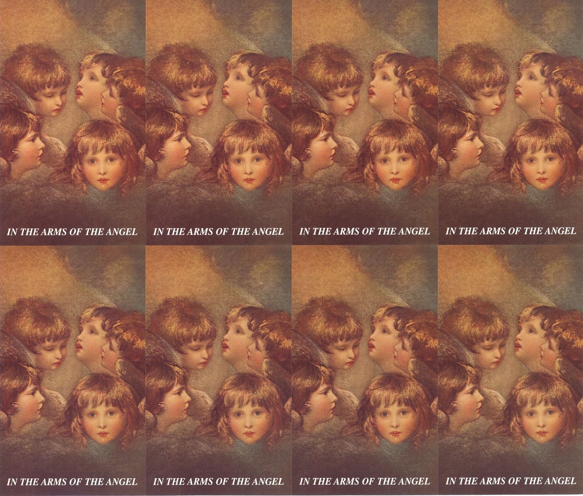 Repeating vintage portrait collage with faces and small white text along the bottom borders