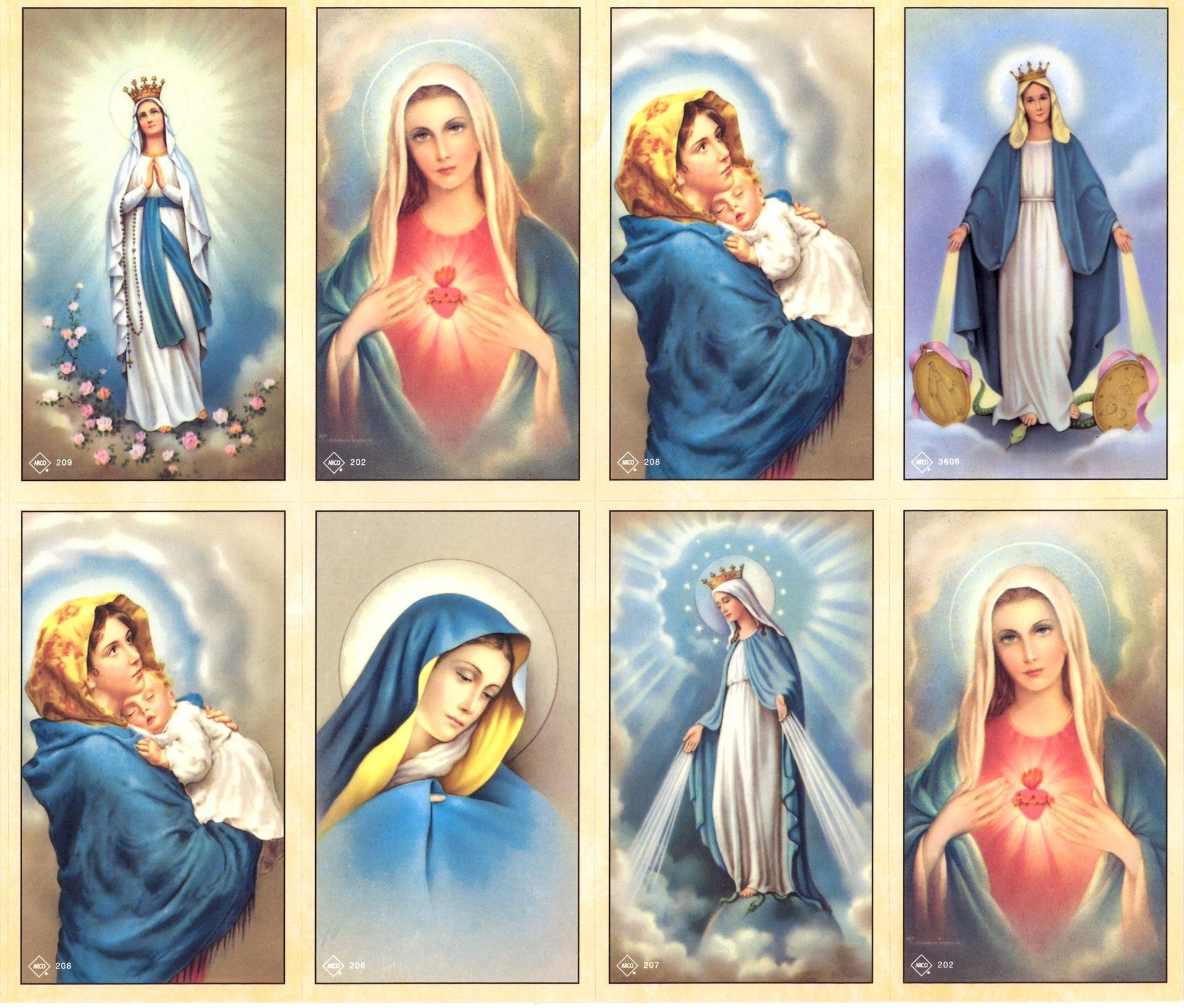 Collage of devotional artwork showing the Virgin Mary in blue and white robes, some images with a glowing heart.