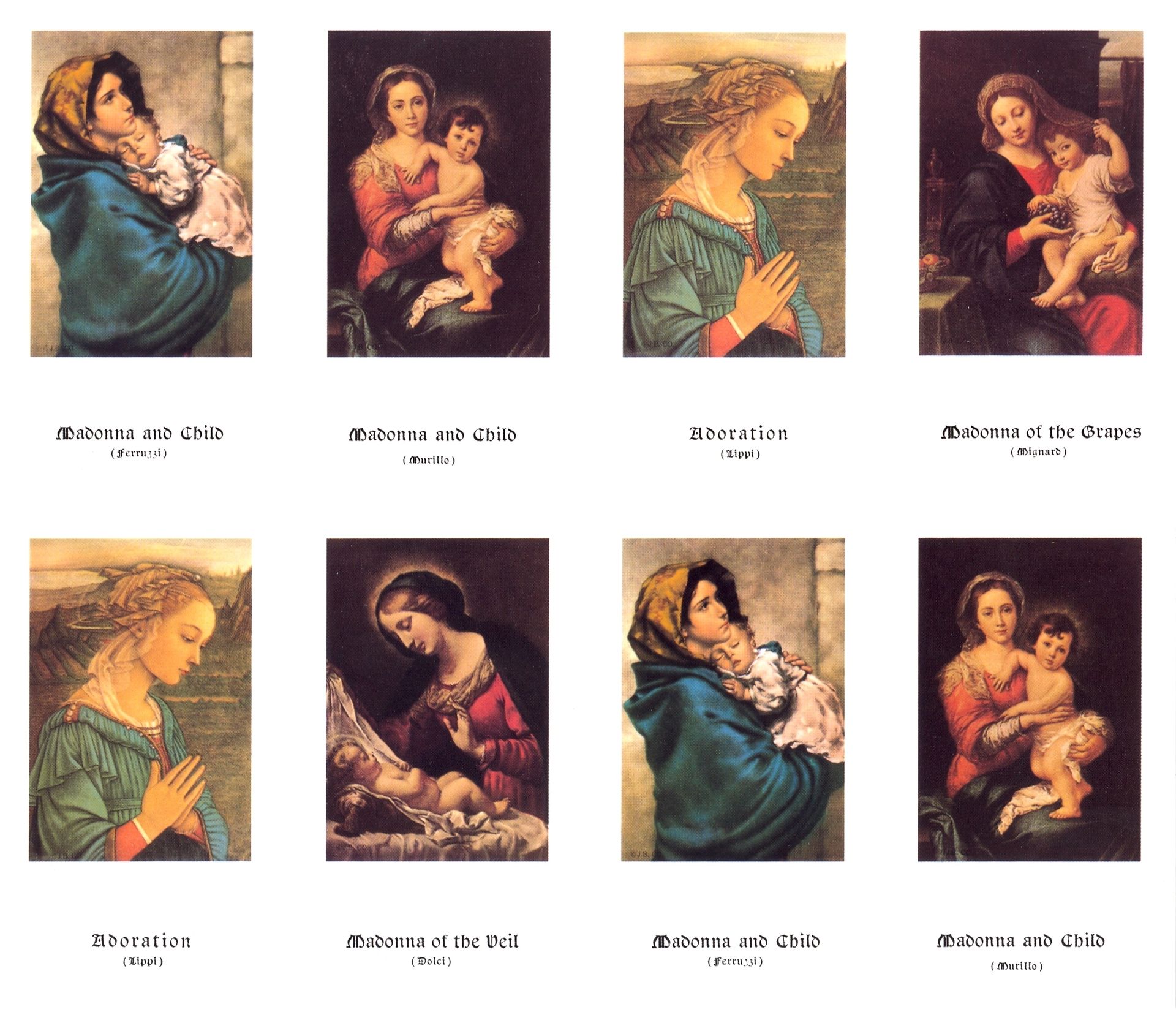 Grid of six Madonna-and-child artworks in a collage layout