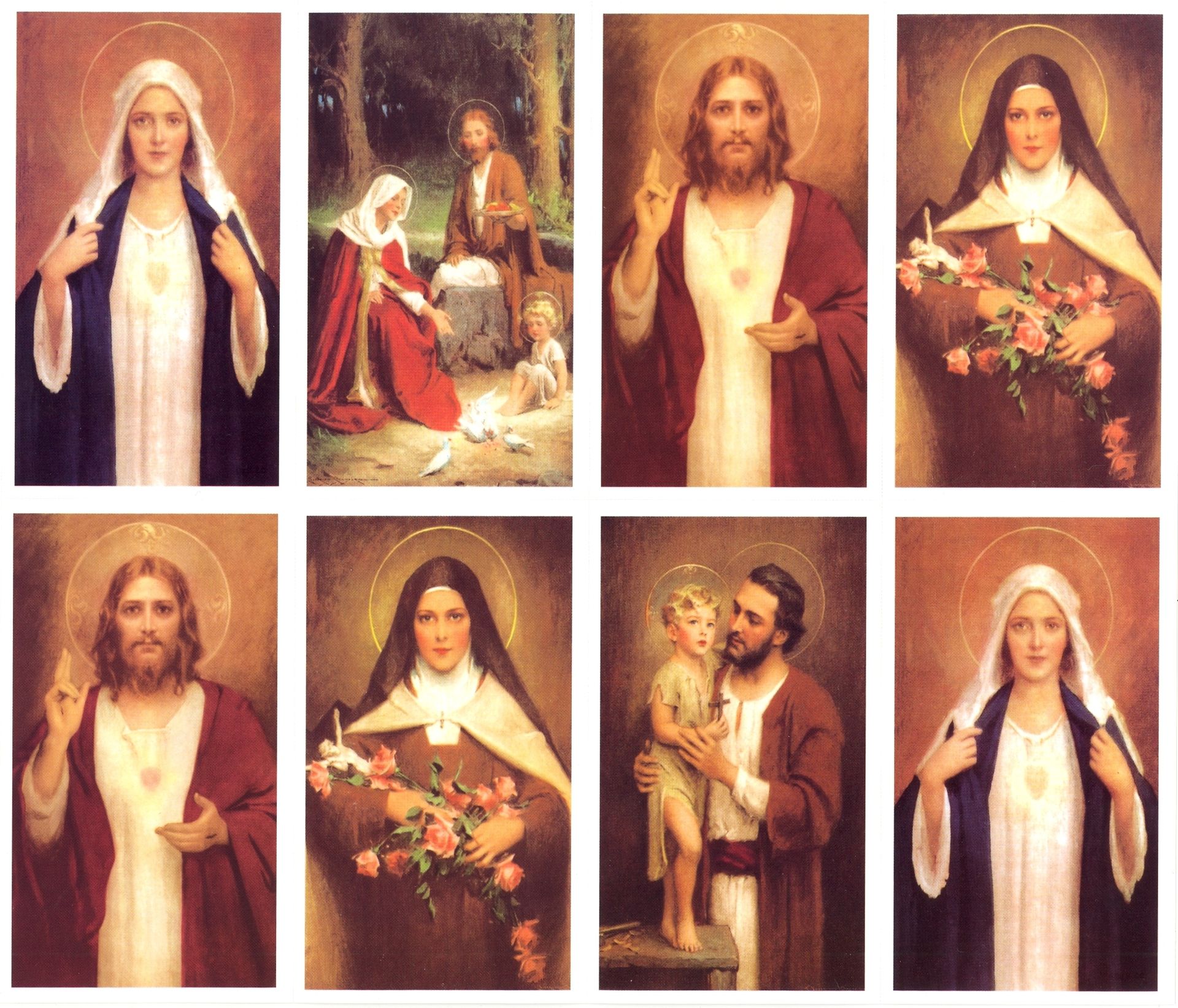 Collage of religious portraits of Jesus, Mary, and saints in warm tones