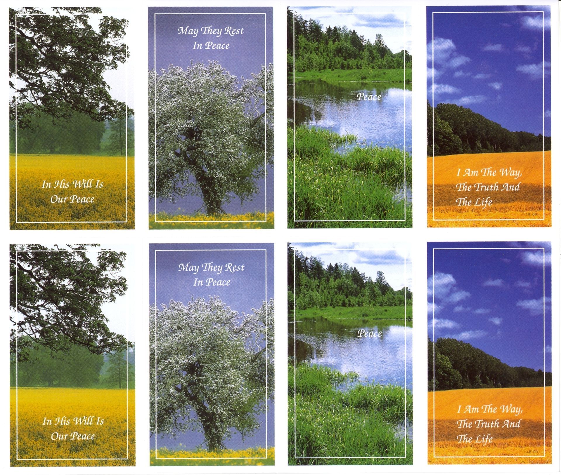 Eight small landscape-art panels: trees, lake, sky, and sunset in green, blue, and orange tones.
