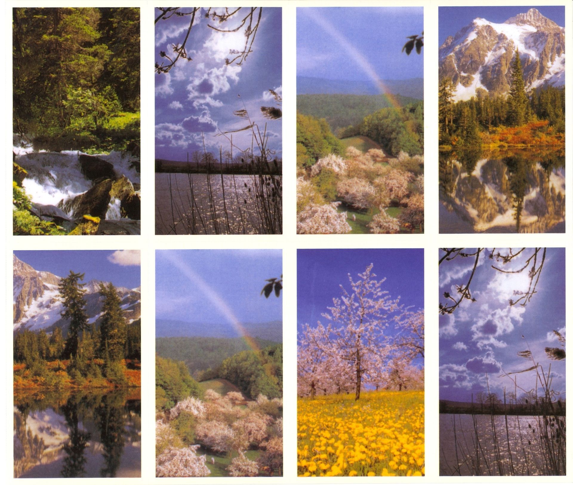 Collage of eight spring landscape photos with waterfalls, mountains, blossoms, and blooming trees.