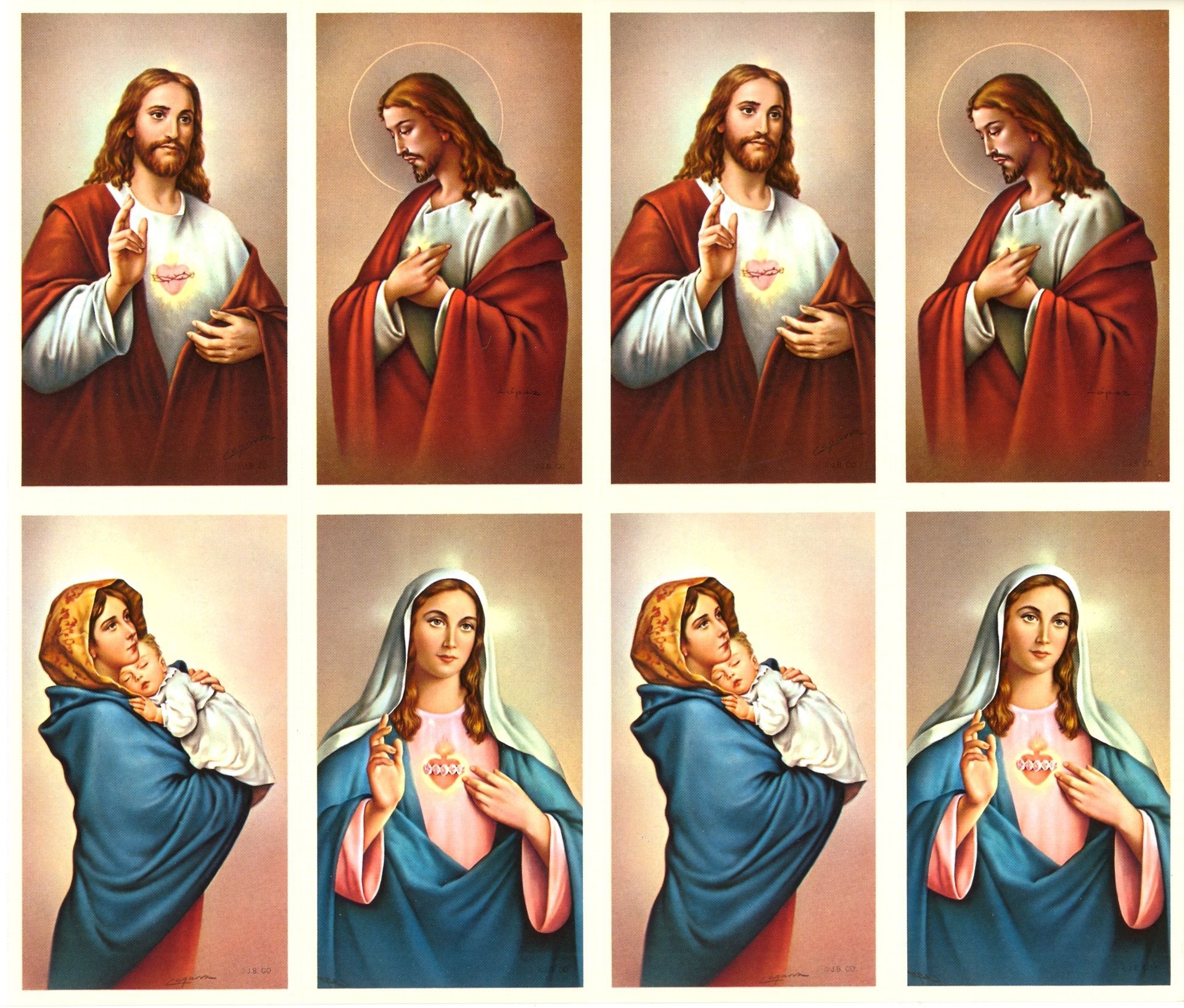 Six religious portraits of Jesus and Mary arranged in a 2x4 grid on a light background