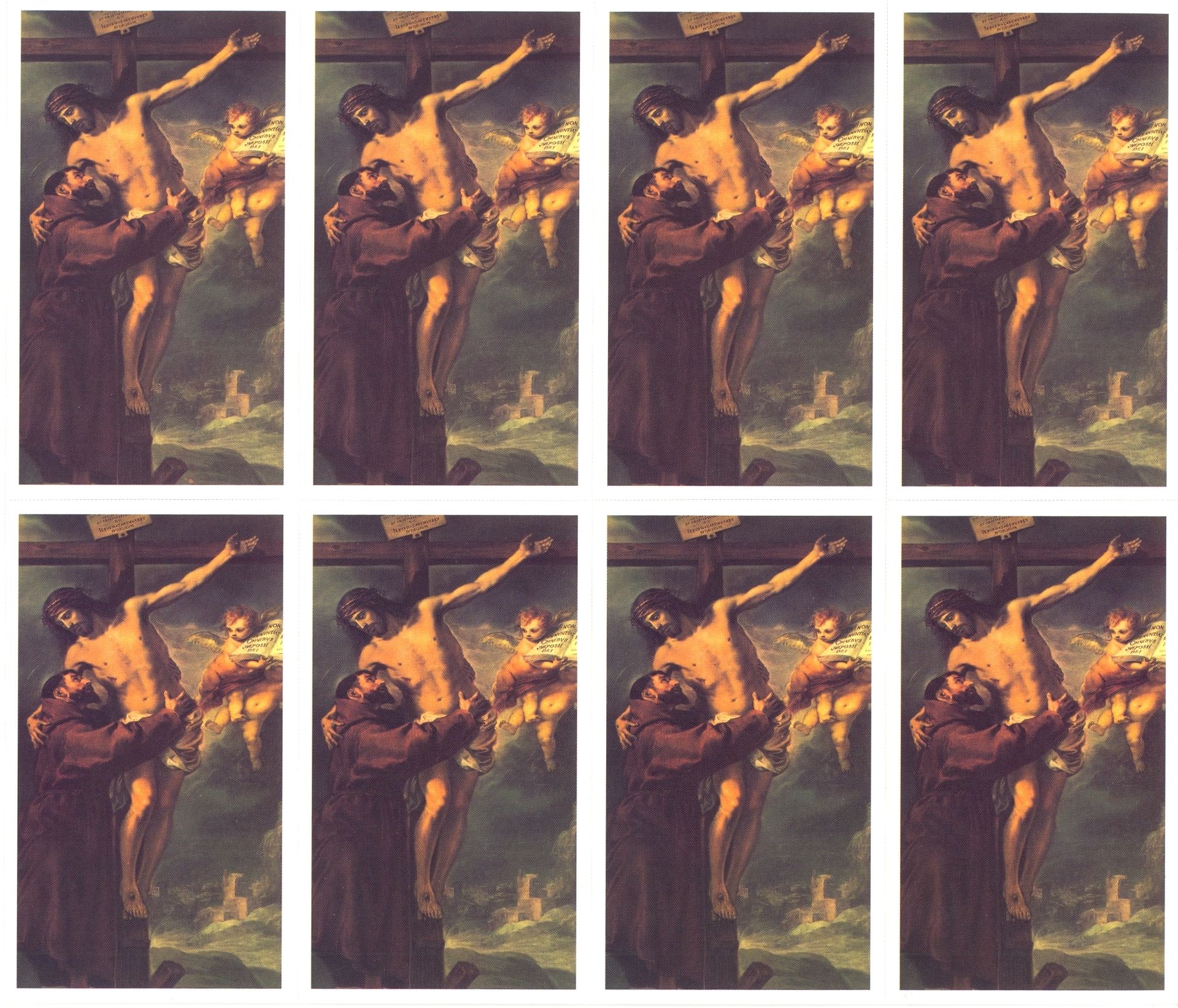 Repeated sepia-toned painting panels showing a warrior raising a sword amid flames