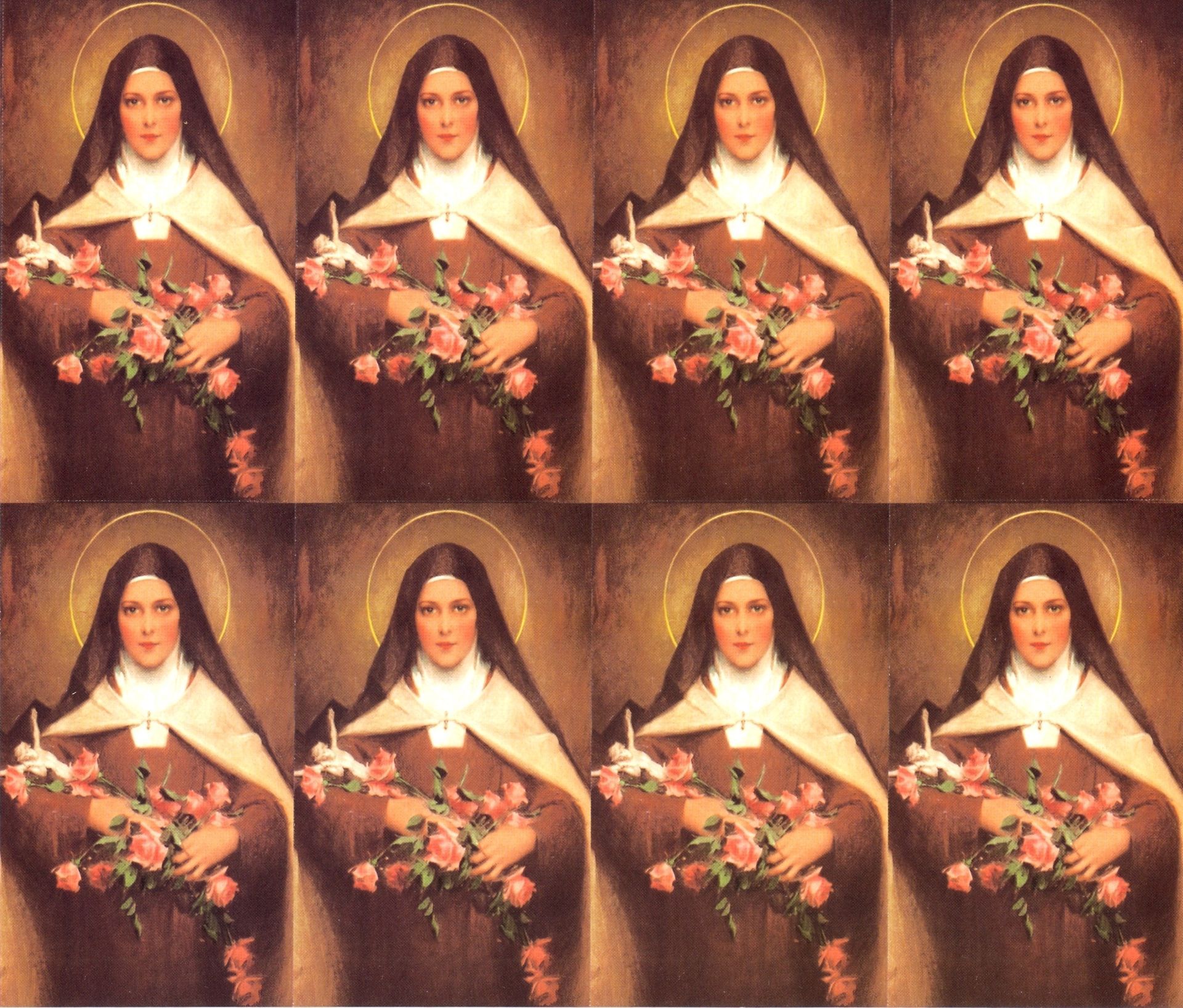 Repeated portrait of a veiled woman holding flowers, arranged in a 2x4 grid.