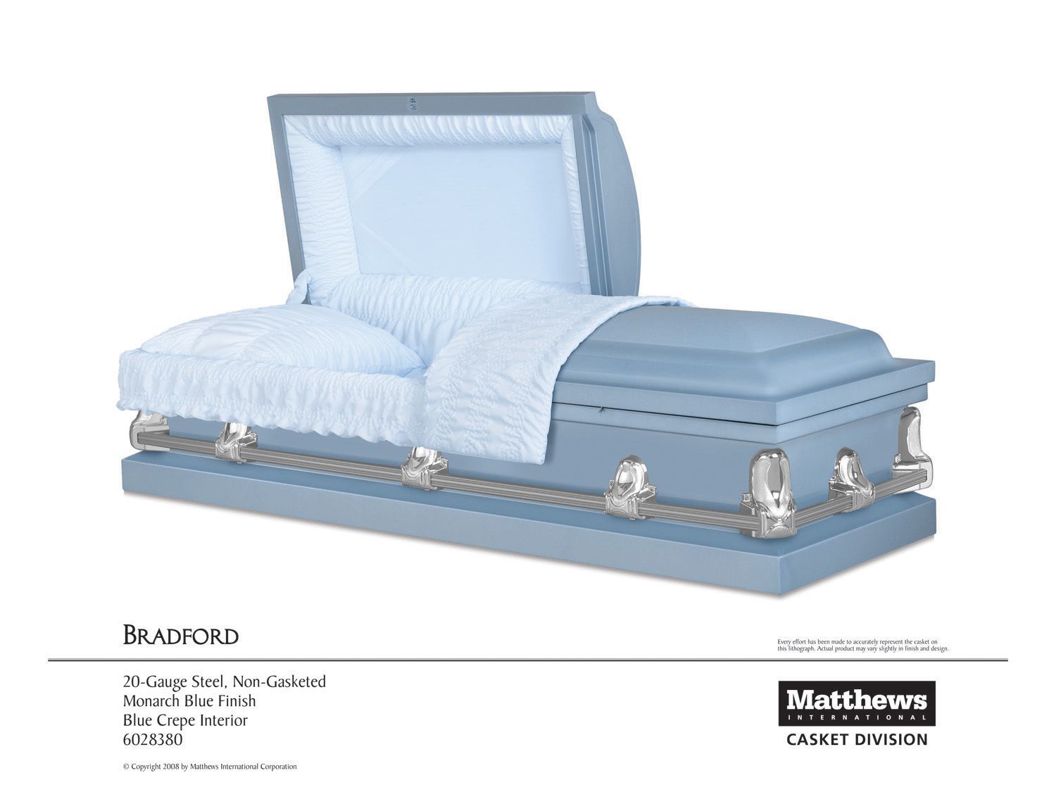 Open light blue casket with white quilted lining and chrome handles in a catalog image