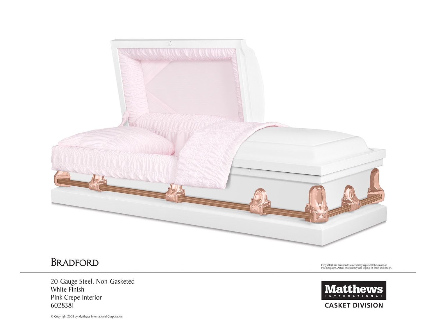 Pink and white casket with quilted satin lining and rose-gold trim on a white background