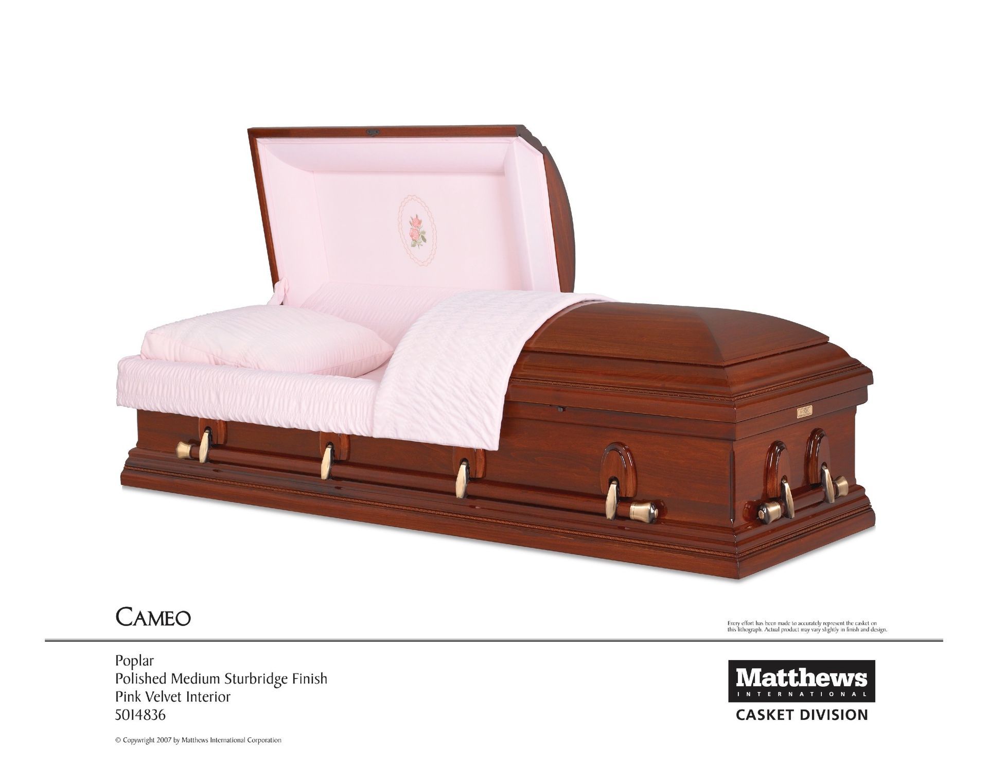 Pink-cushioned wooden casket with a raised lid on a white background