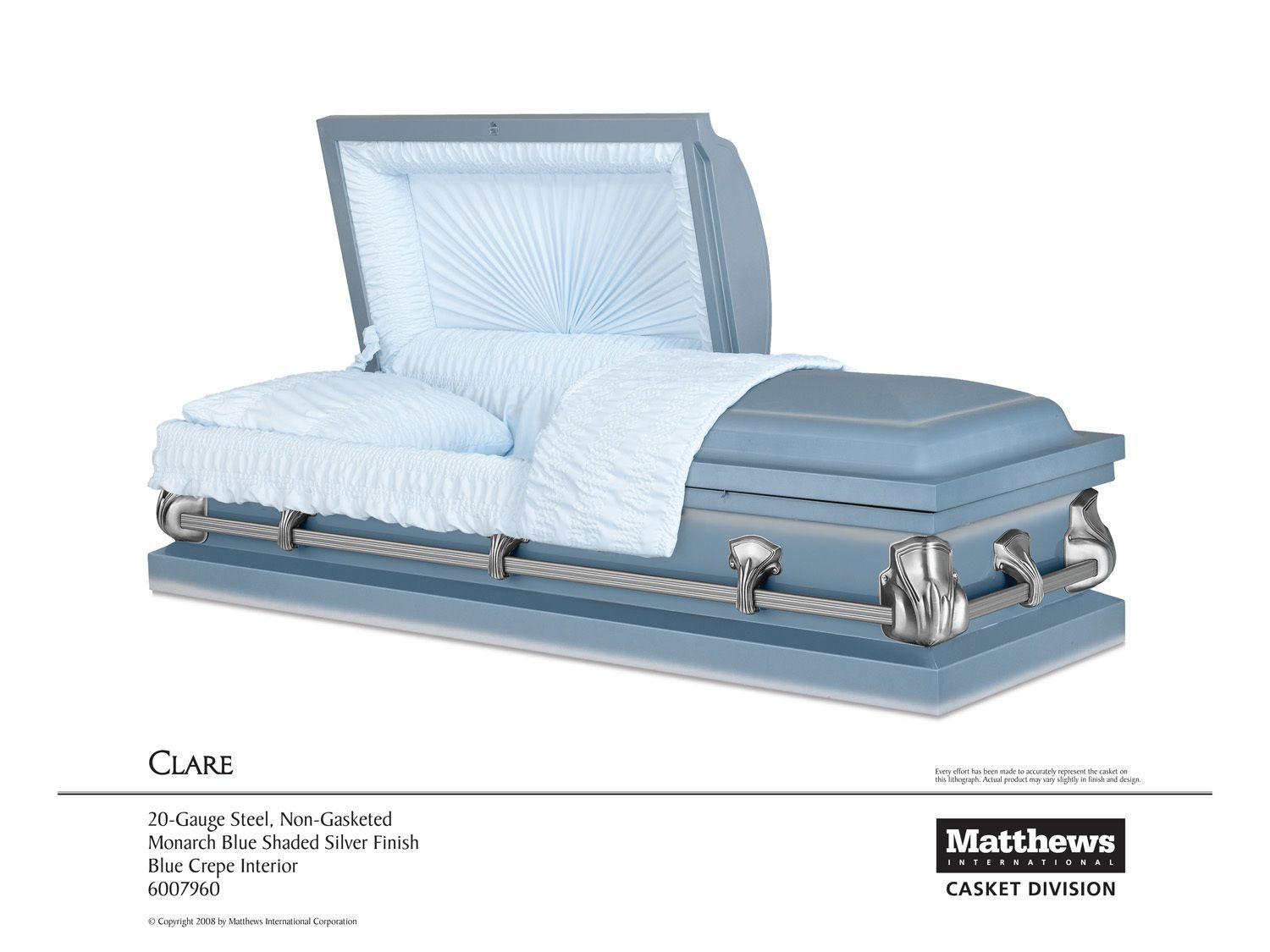 Blue open casket with white-lined interior and pillow, shown on a white background.